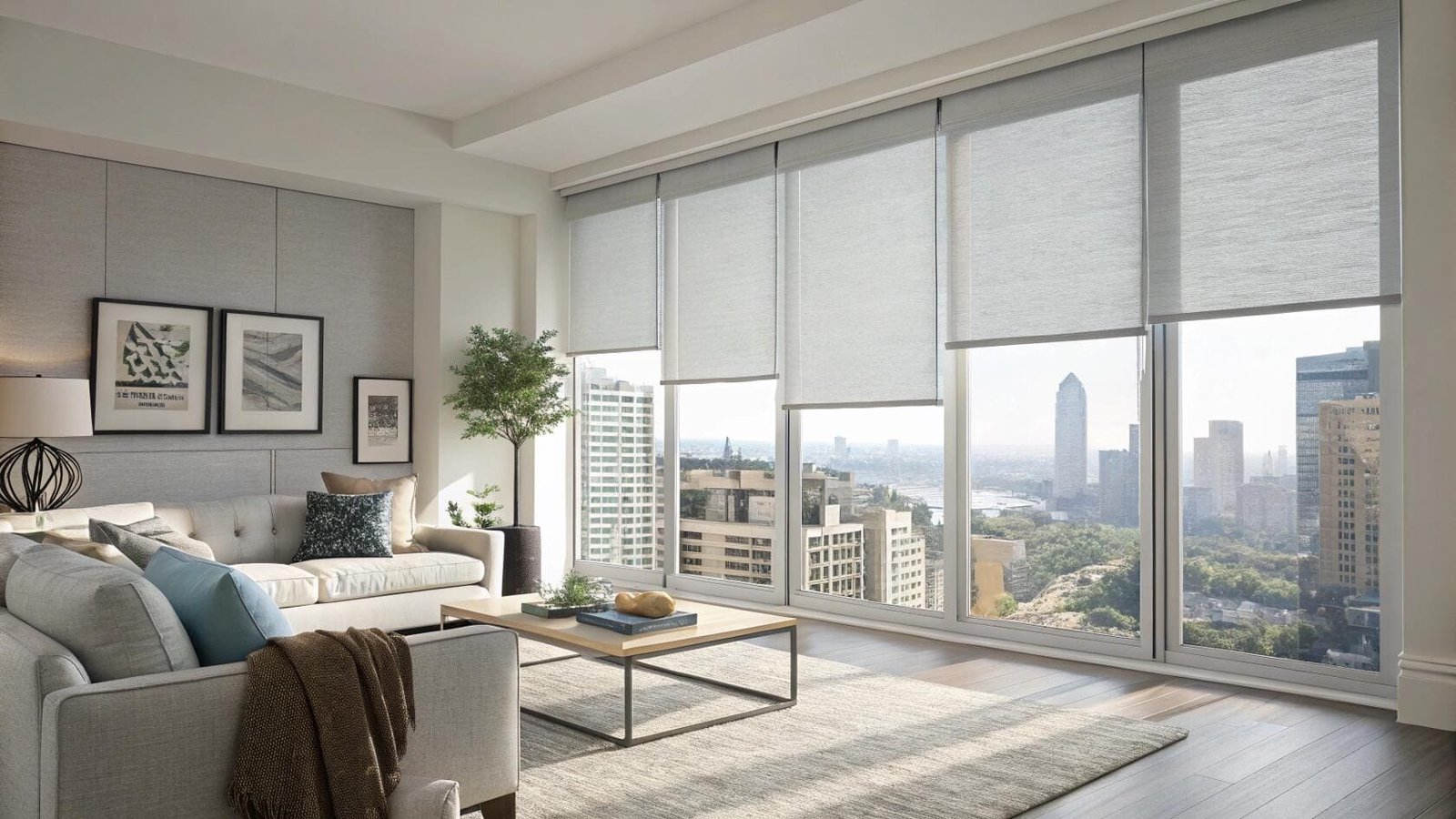 Light-filtering gray roller shades in a modern apartment with a stunning city view.