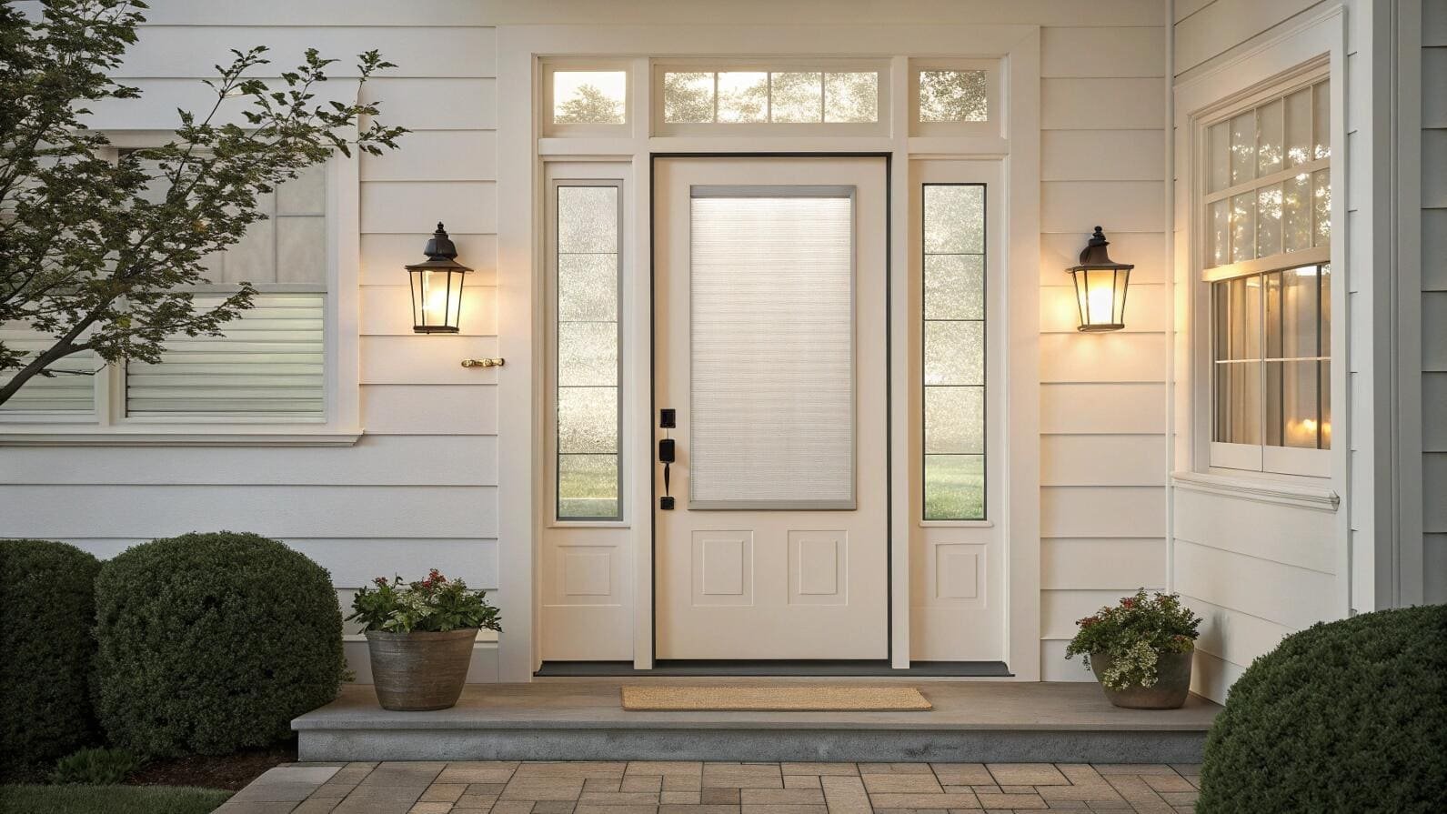 A light-filtering cellular shade integrated into a white front door for enhanced privacy.