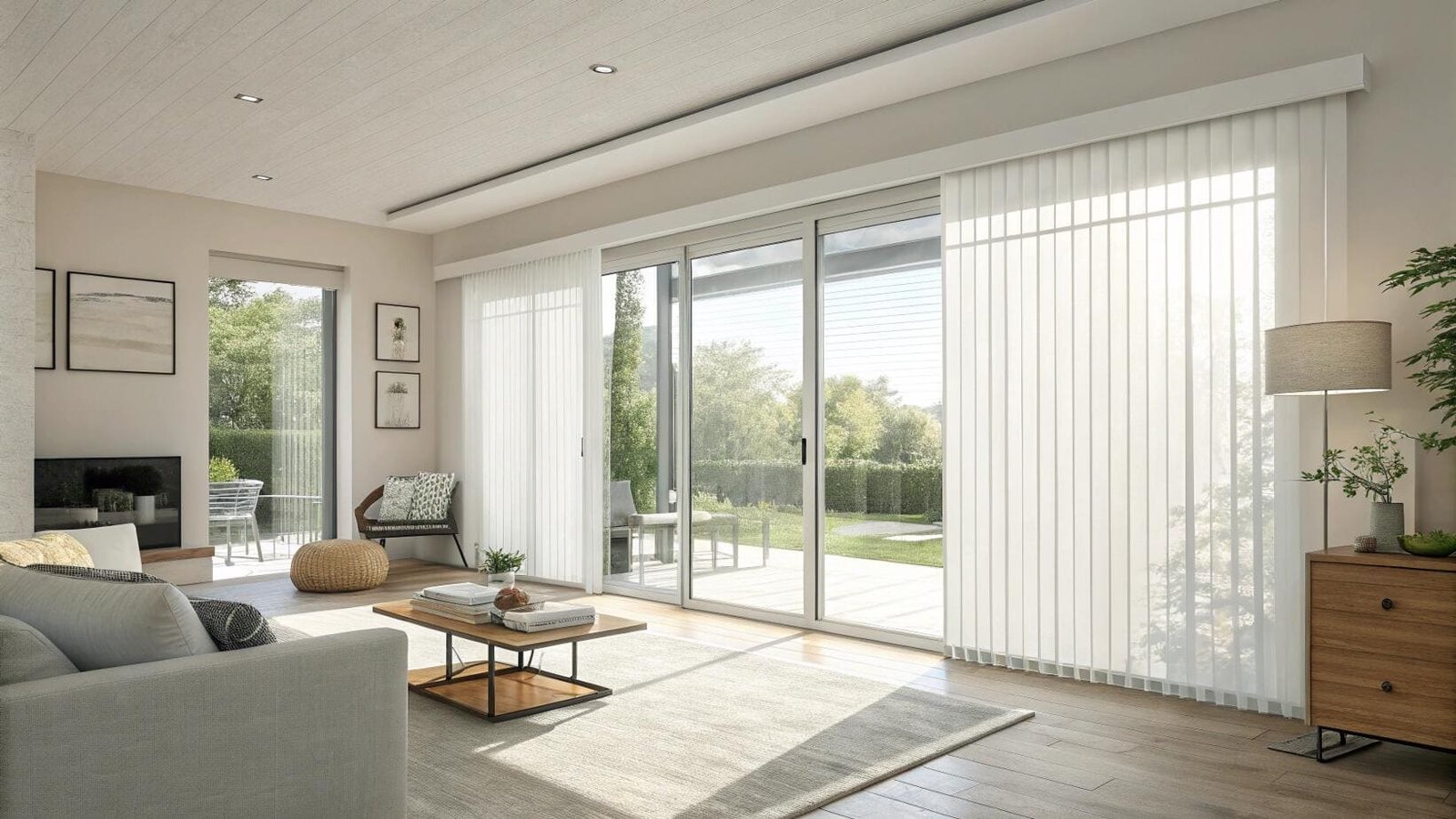 Sheer vertical blinds provide soft light control for modern sliding glass patio doors.