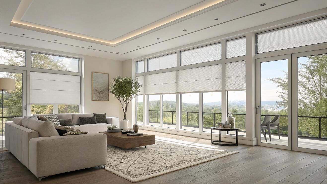 White top-down cellular shades create a bright, modern living room with large windows.