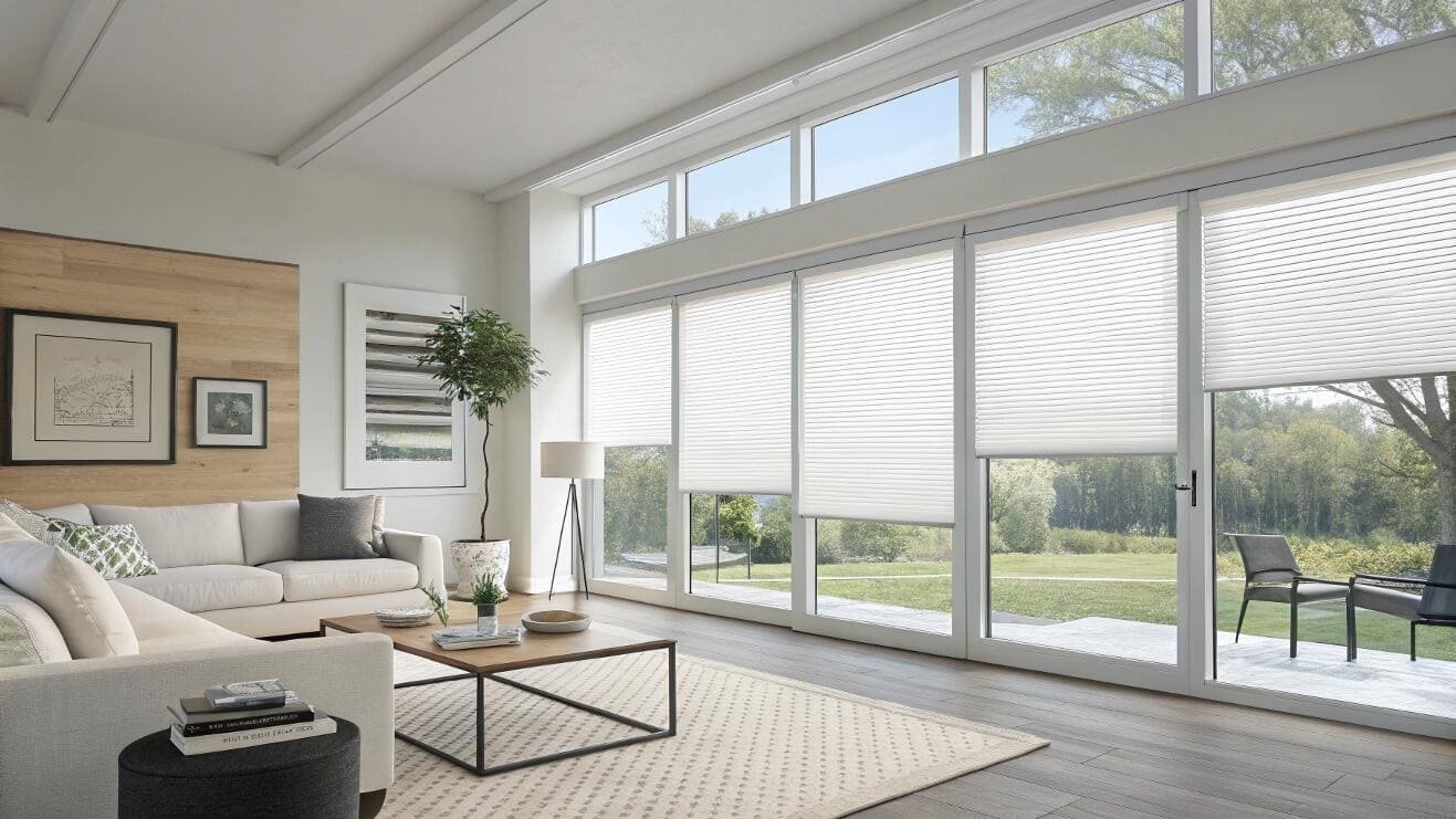 White cellular shades on sliding glass doors offer a clean, modern aesthetic.