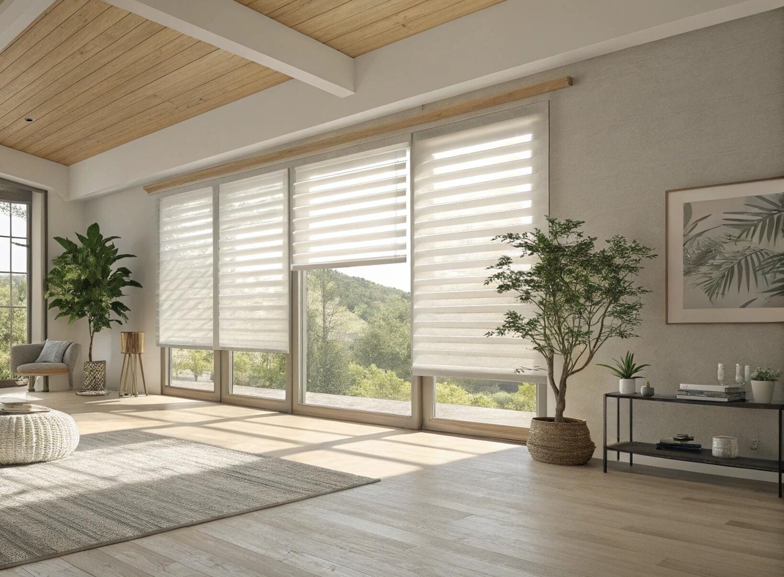 Spacious living room with large windows featuring elegant light sheer shades.