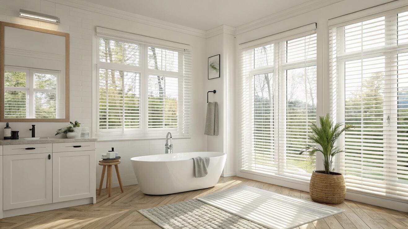 White, moisture-resistant blinds provide privacy and light control in a farmhouse bathroom.
