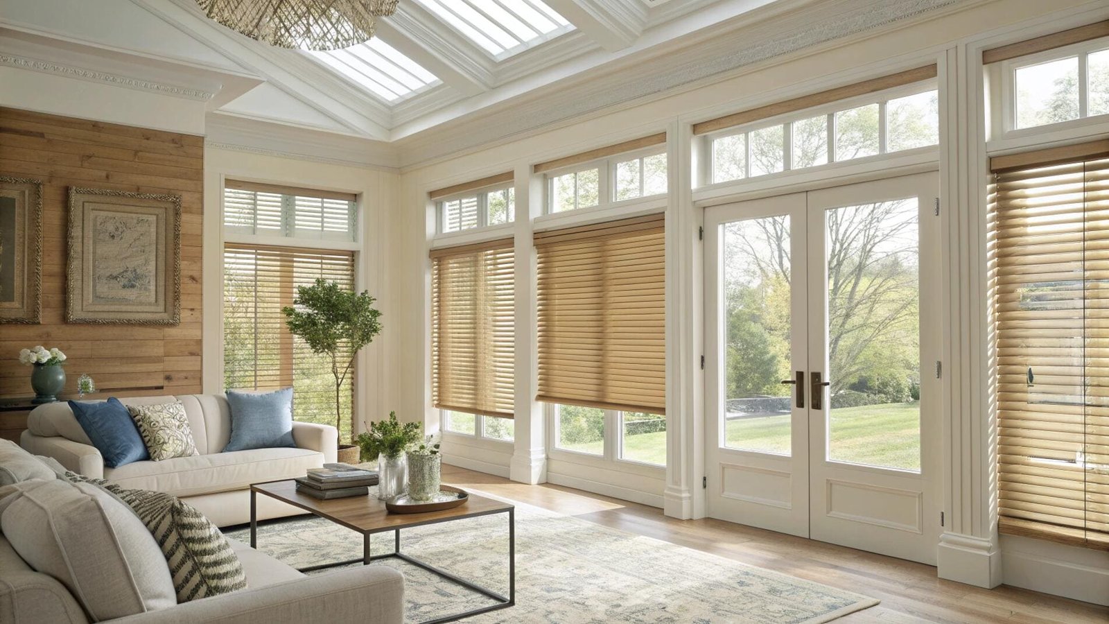 Wood blinds provide adjustable light control in a classic sunroom with large windows.
