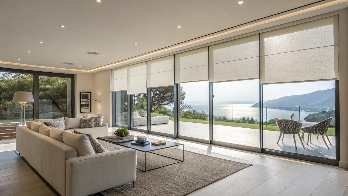 Motorized Roman shades covering a wall of sliding glass doors in a modern villa.