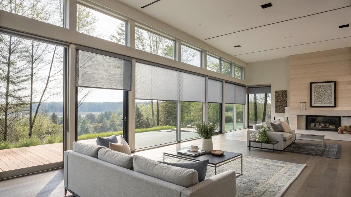 Smart solar shades manage glare on large windows in a modern residential project.