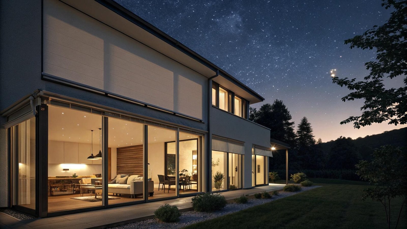 Exterior roller shades providing security and privacy for a modern home at night.