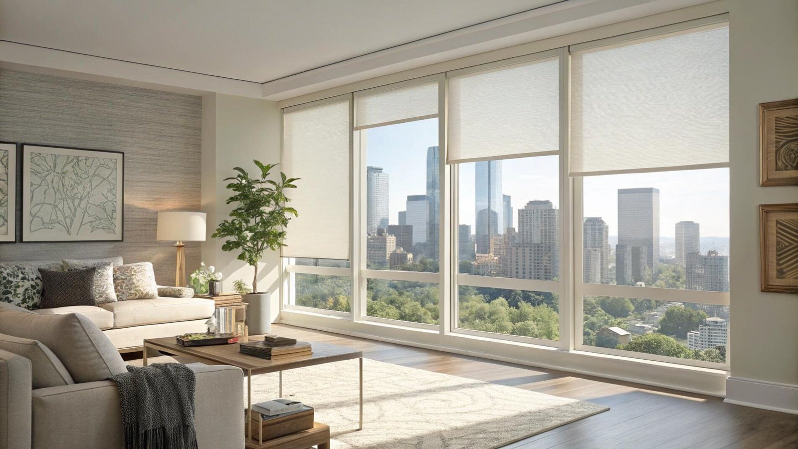 Light-filtering roller shades optimize views and privacy in a modern city apartment.