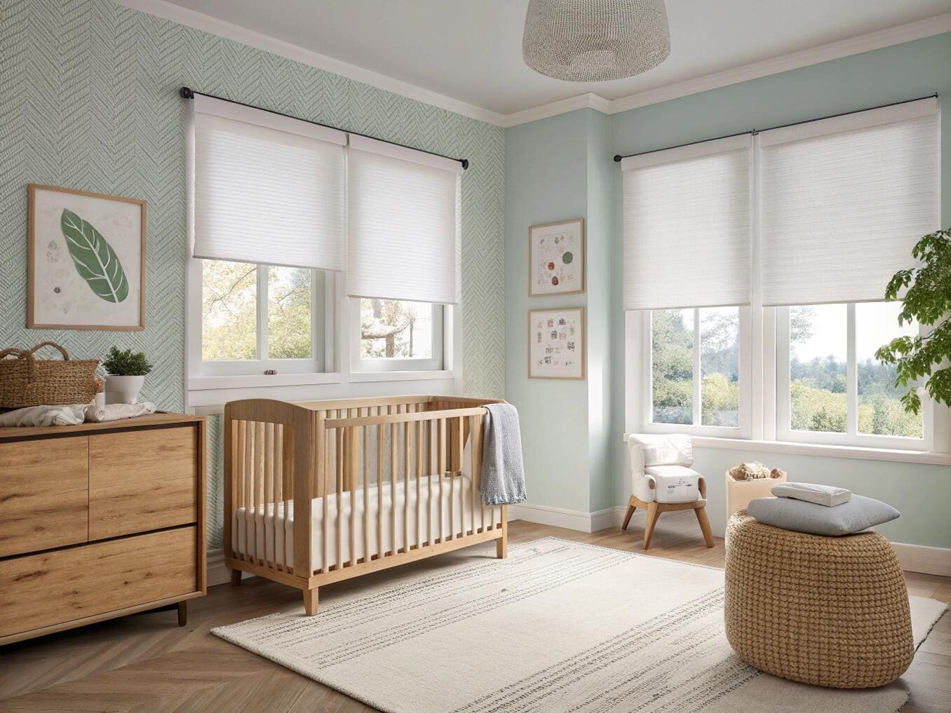 Cordless child-safe cellular shades provide soft, filtered light in a modern nursery.