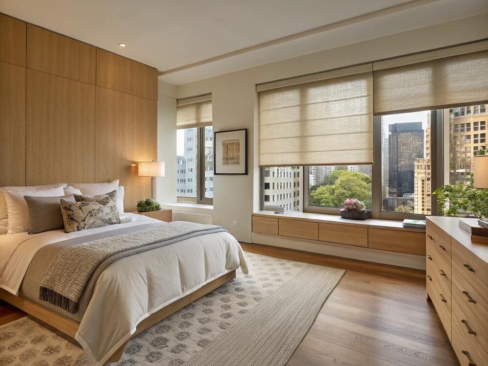 Light-filtering Roman shades provide privacy and warmth in a modern city bedroom.