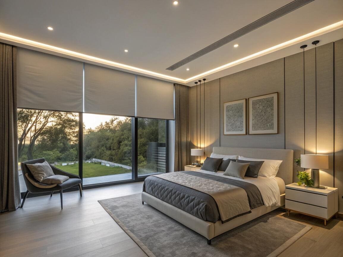 Motorized blackout roller shades offer complete privacy in a modern luxury bedroom.