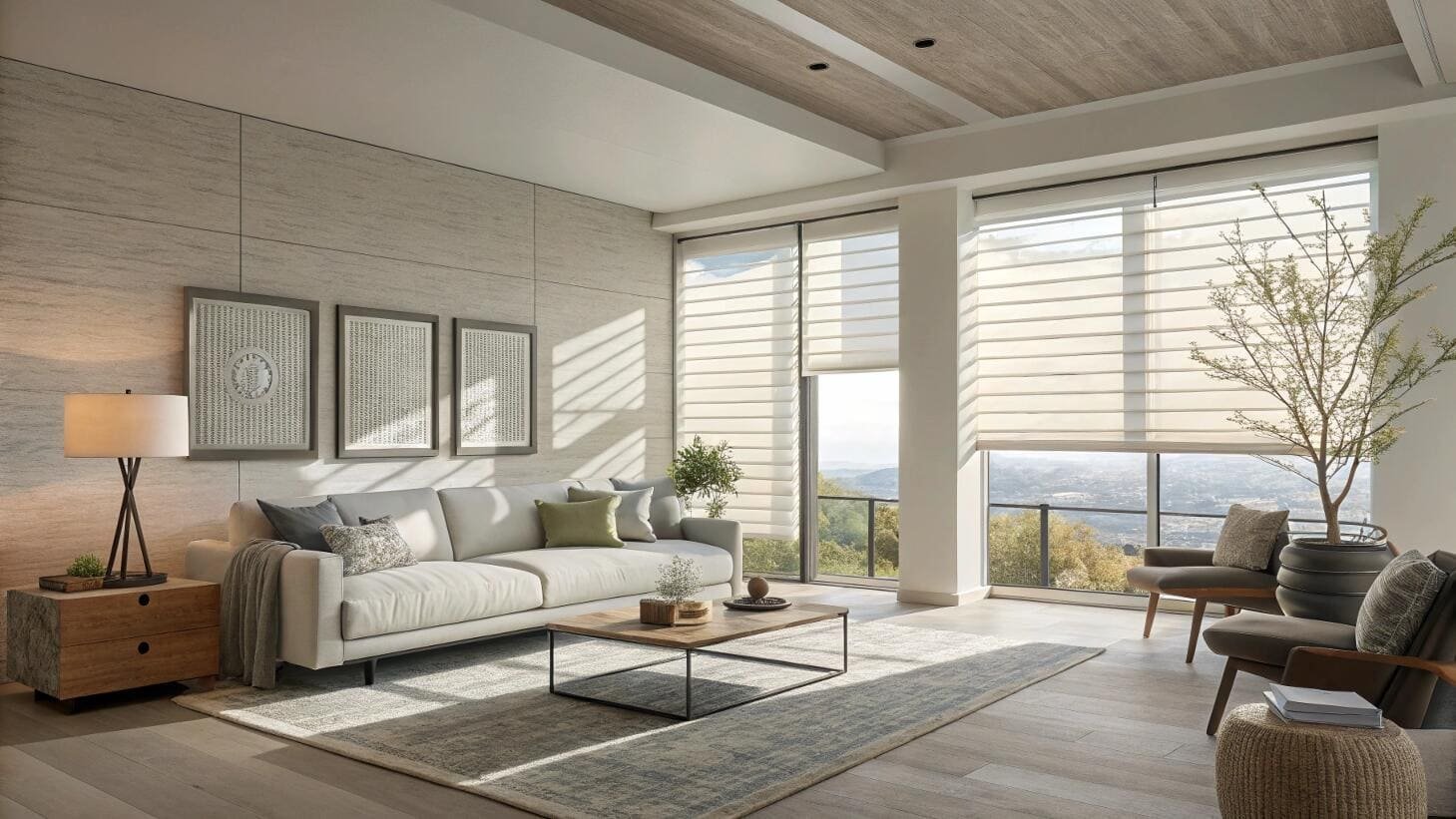 Spacious living room with panoramic views and elegant light filtering horizontal blinds.