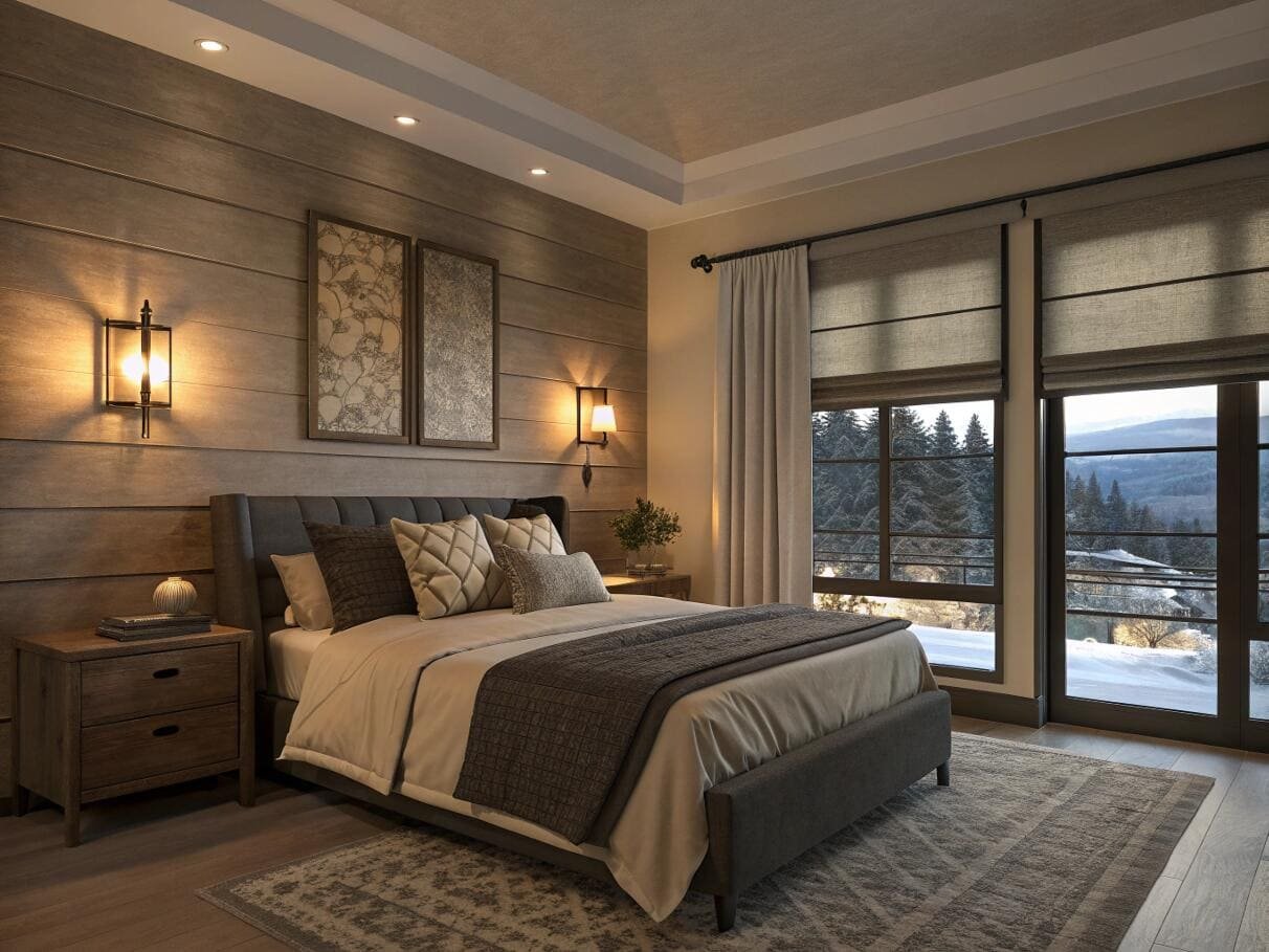 Insulating Roman shades and drapery create a cozy, luxurious mountain lodge bedroom.