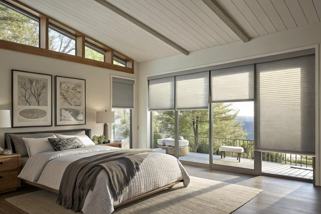 Master bedroom with balcony access and energy-efficient gray cellular shades.