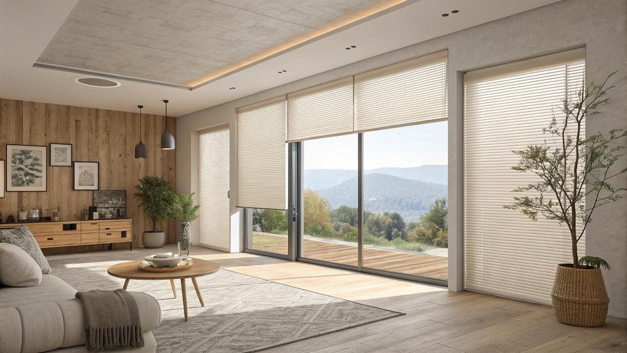 Modern living area with scenic view and light-colored cellular shades.