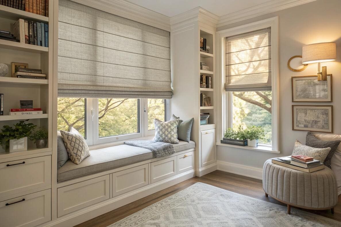 Cozy window seat with built-in storage and elegant Roman shades.