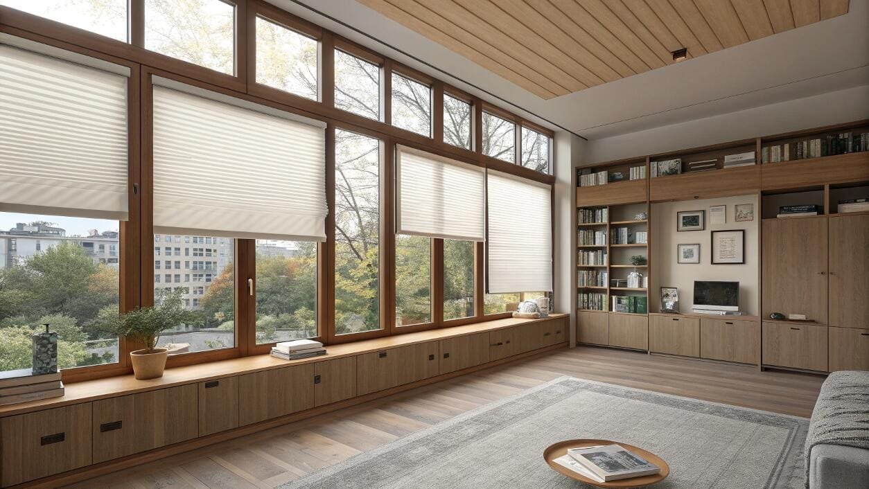 Spacious living room with large windows and light cellular shades.