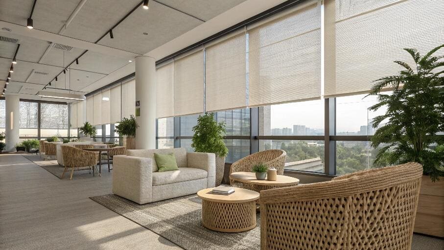 Modern office lounge with light-filtering roller shades and city views.