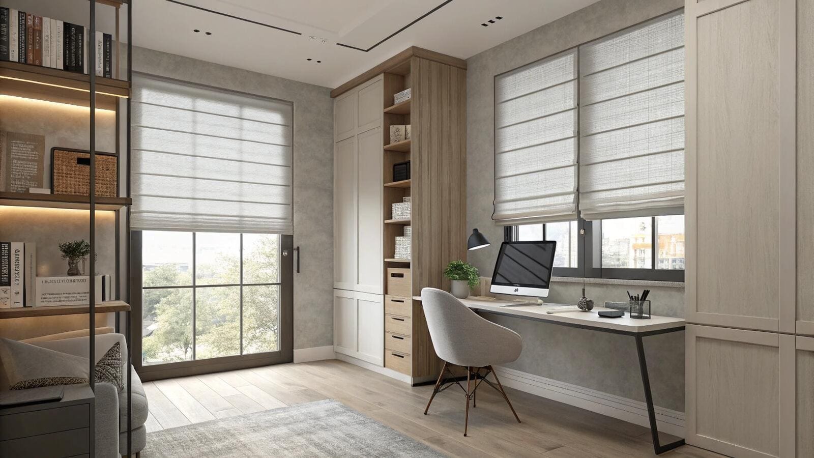 Home office with ergonomic chair and elegant Roman shades on windows.