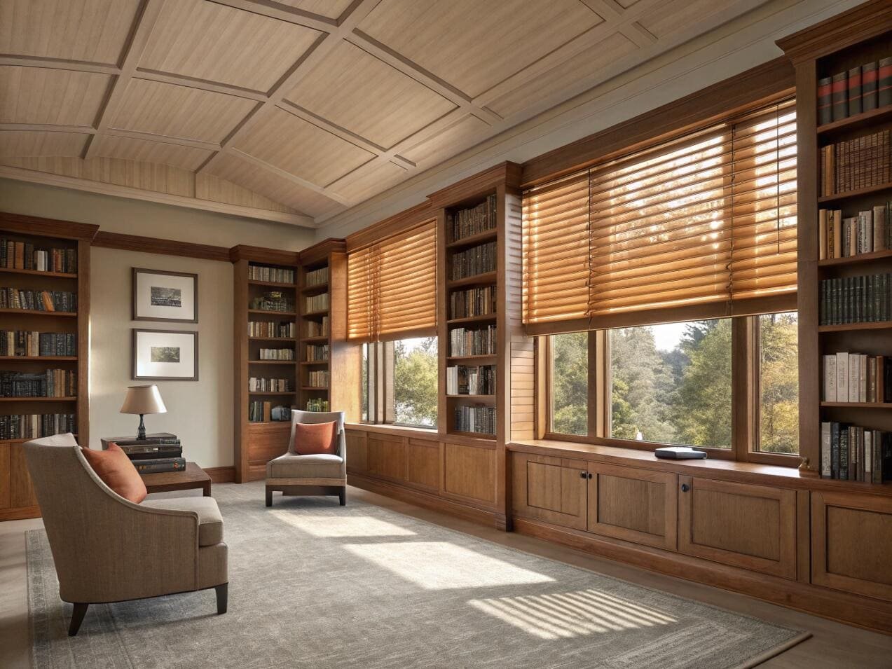Traditional library with warm wooden blinds and built-in bookshelves.