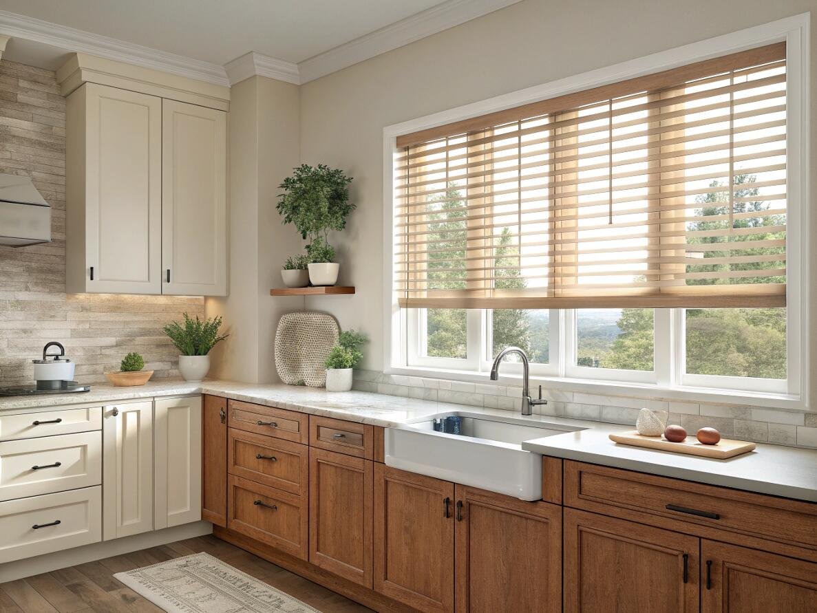 Bright kitchen with farmhouse sink and natural wood window blinds.