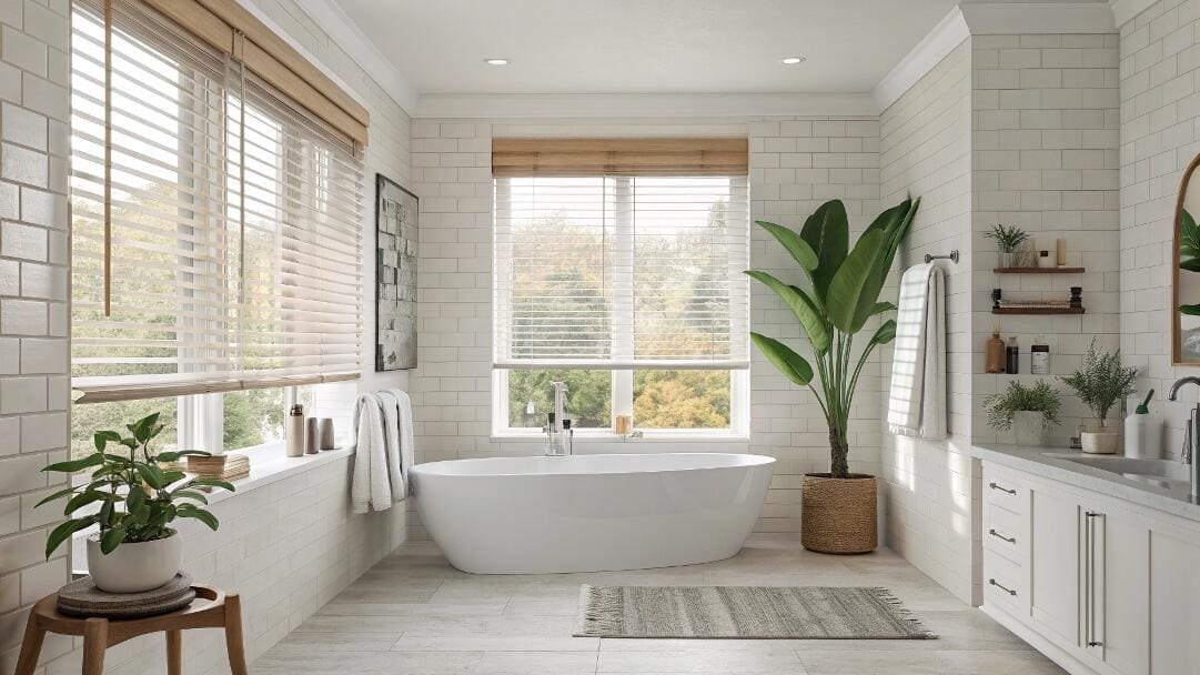 Spacious bathroom with freestanding tub and light wood horizontal blinds.
