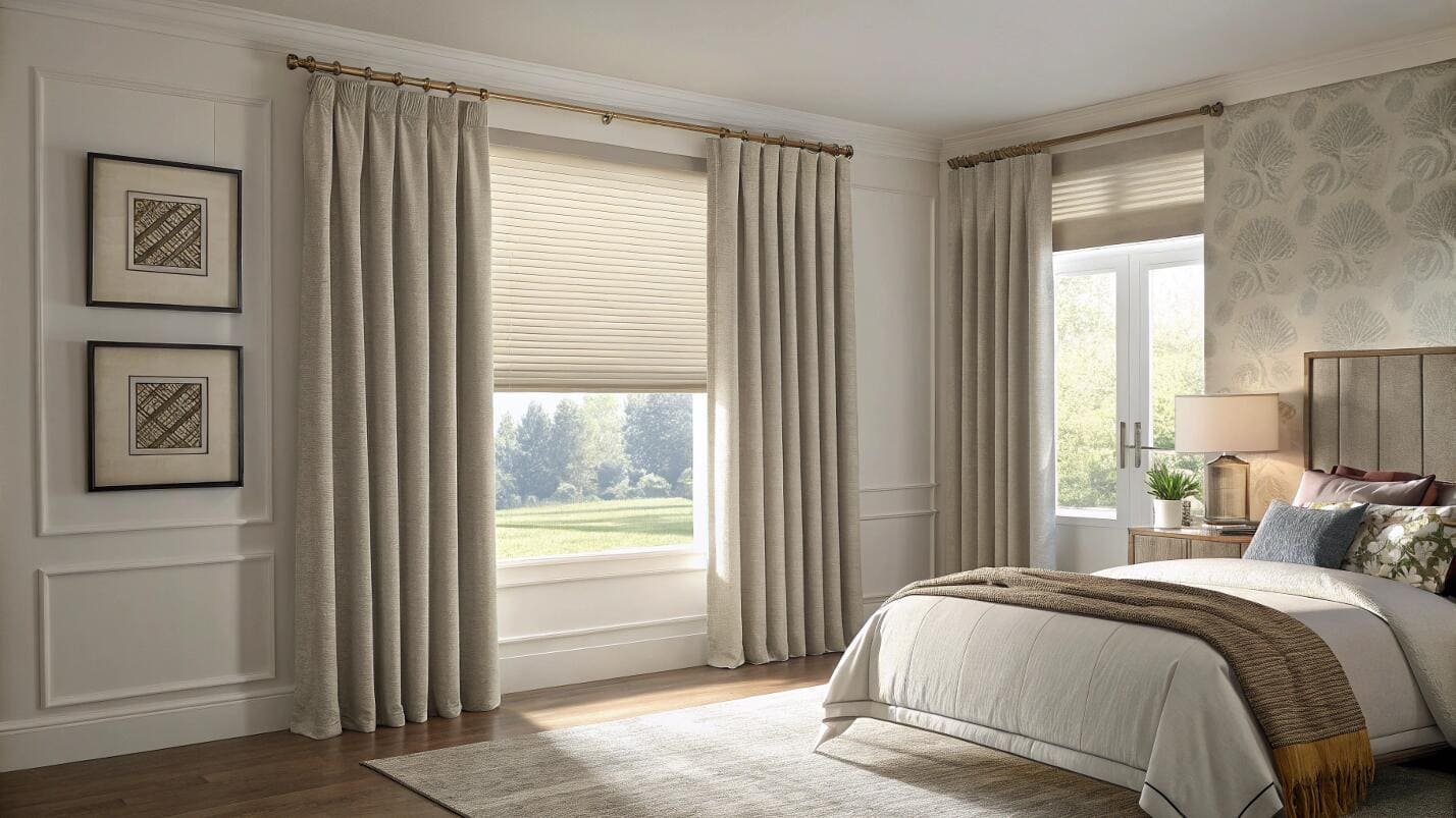 Elegant bedroom with pleated shades layered with neutral drapes.