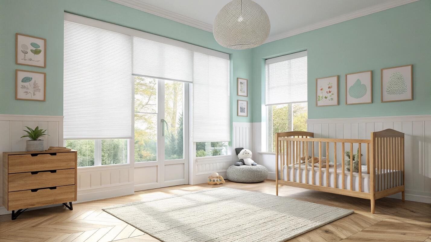 Bright nursery with white honeycomb blinds on large windows overlooking a garden.