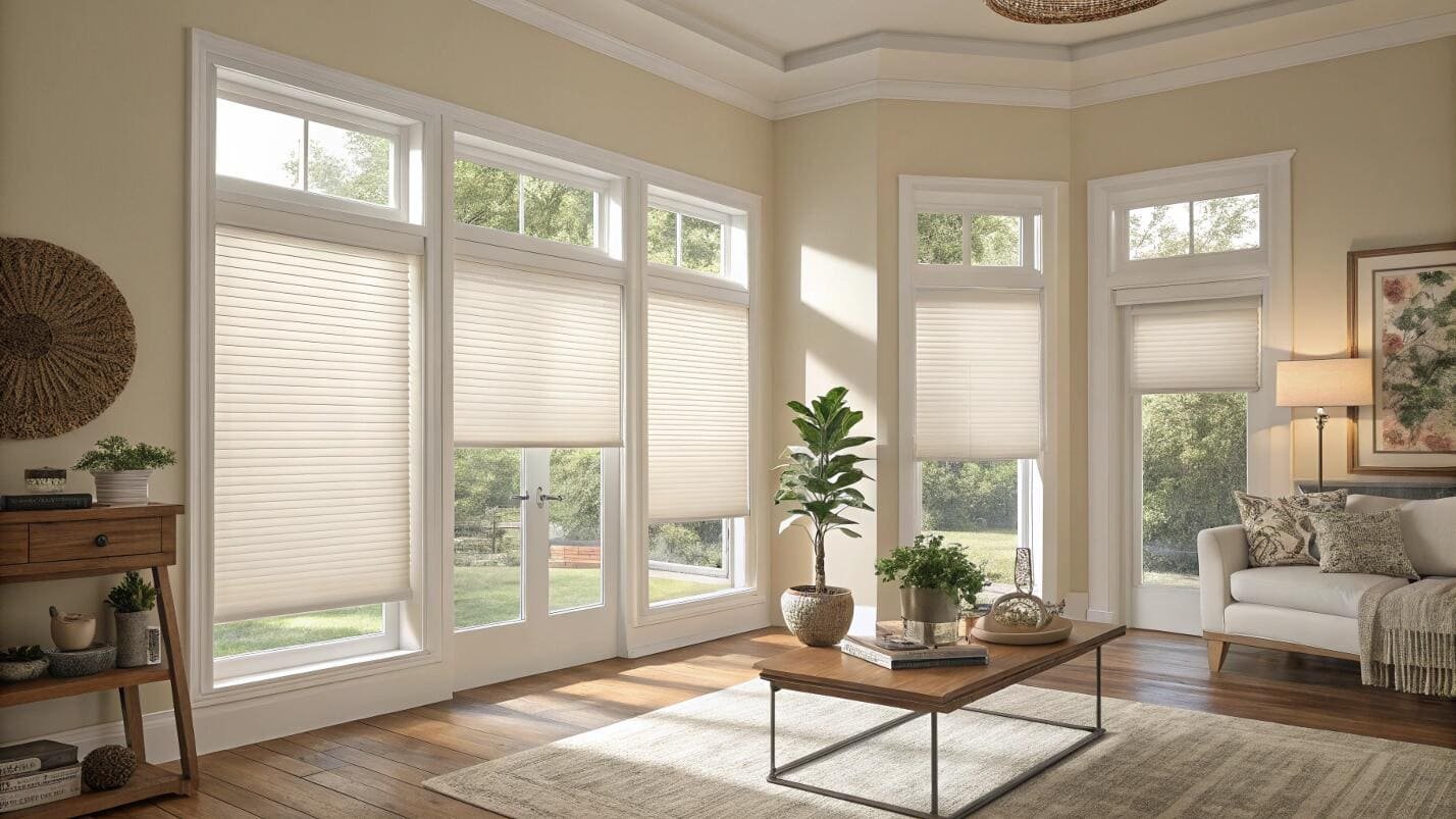 Living room with multiple windows featuring light cellular shades.