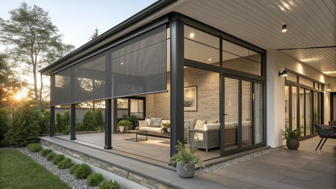 Modern patio with retractable outdoor screen shades offering sun protection.