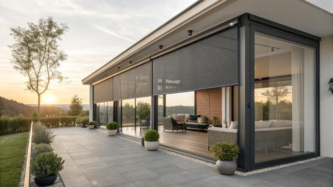 Modern house patio with floor-to-ceiling glass and dark outdoor roller screen shades providing sun protection.