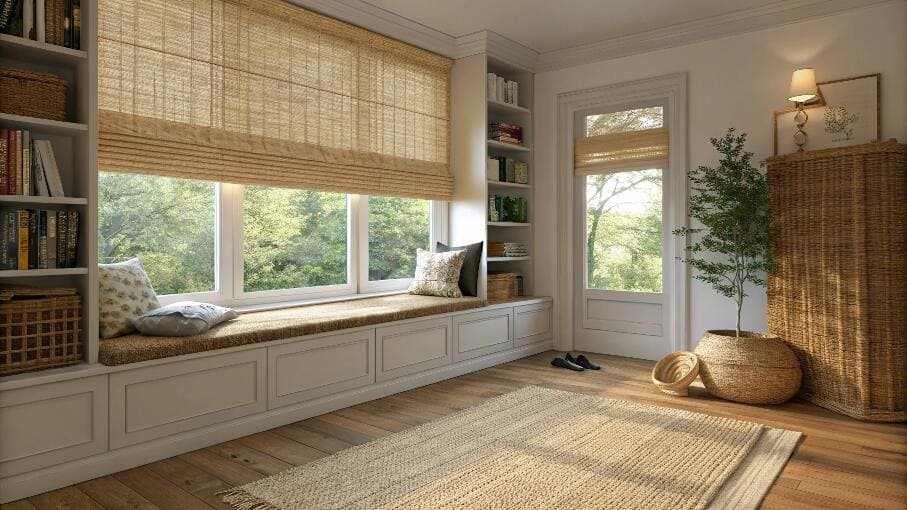 Cozy window seat with natural woven shades, offering a serene green view.
