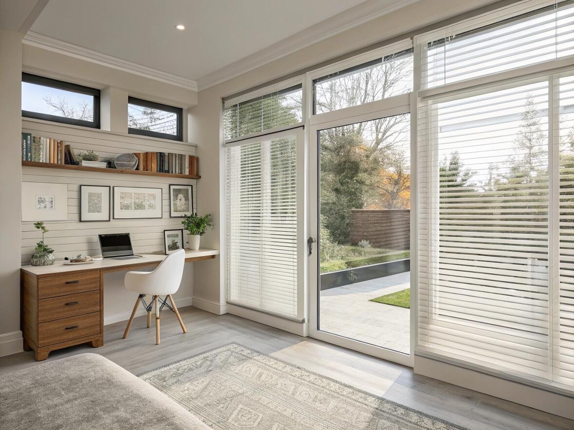 White horizontal blinds in modern home office with garden view.