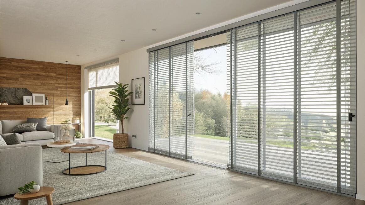 Modern living room with wide grey venetian blinds on patio doors.