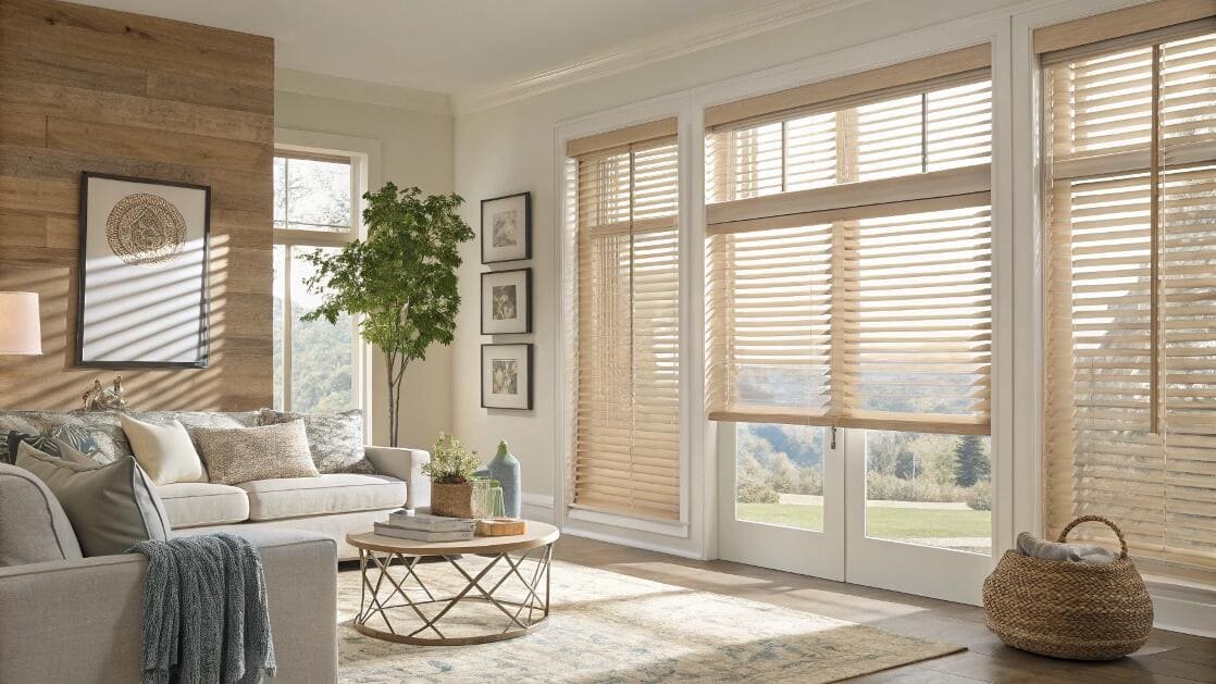 Sunlit living room featuring natural wood venetian blinds for a rustic feel.