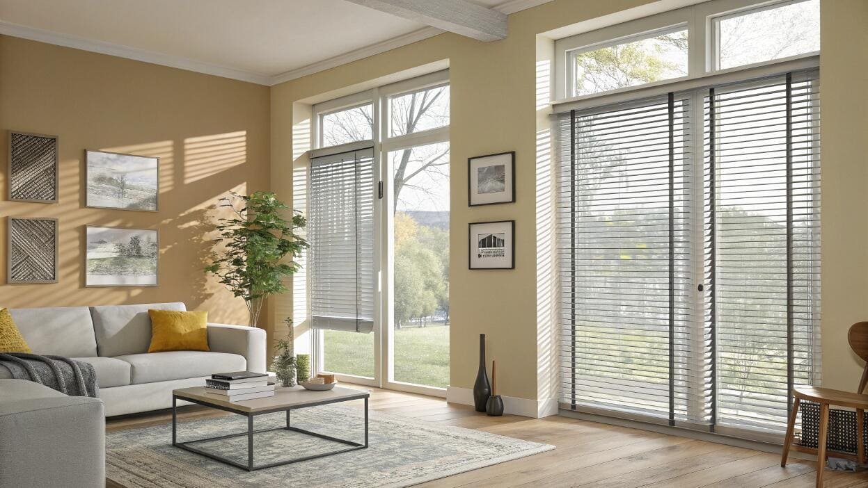 Living room with grey venetian blinds on windows and a glass door.