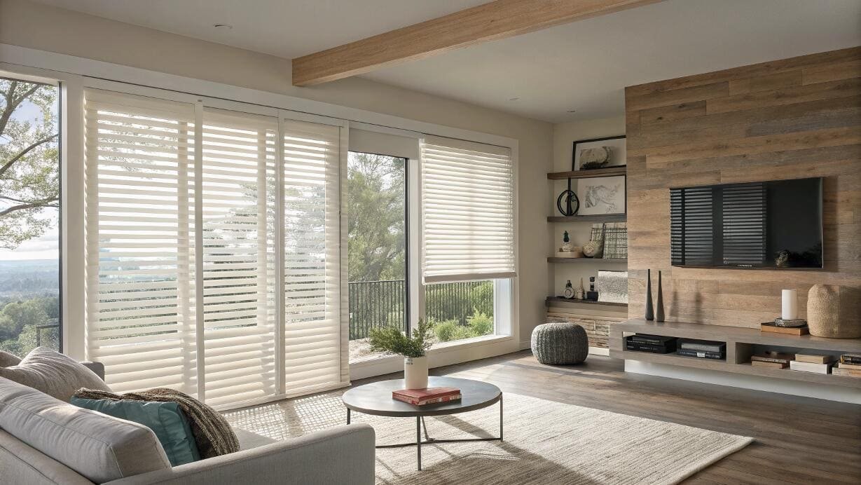 Modern living room with sheer transition shades on sliding glass patio doors.