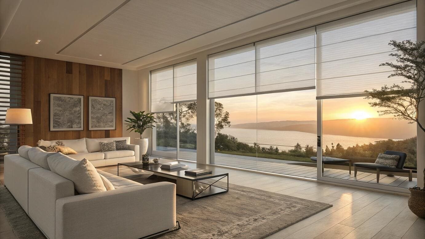 Luxury living room with sheer roller shades framing a stunning sunset view.