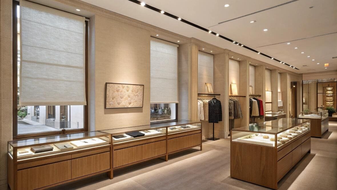 Elegant retail space featuring clean white Roman shades on tall windows.