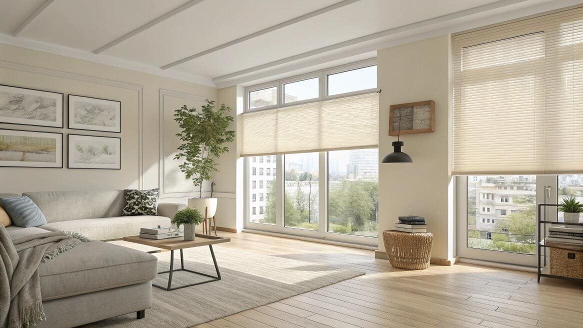 Living room with top-down bottom-up honeycomb shades allowing natural light and privacy.