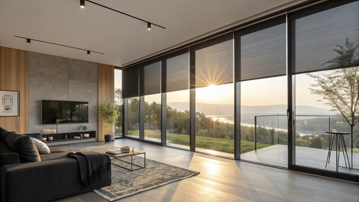 Contemporary living room featuring automated black solar shades and sunset views.