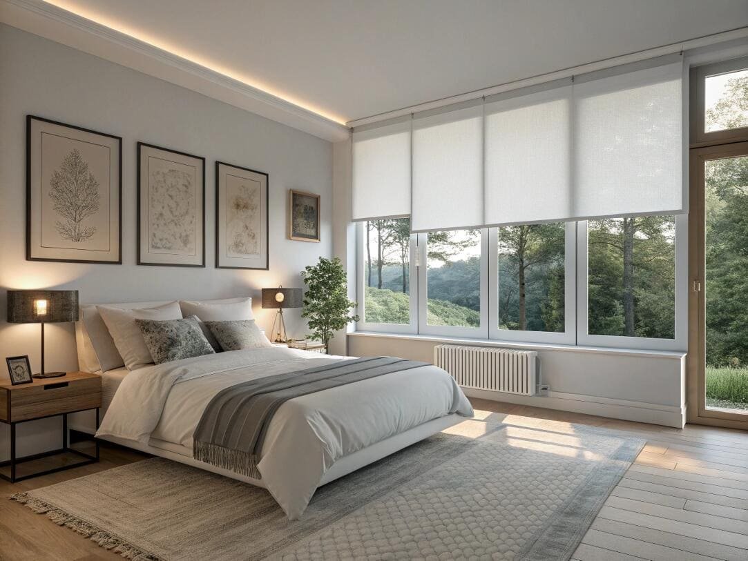 Cozy bedroom with light filtering roller shades and a minimalist aesthetic.