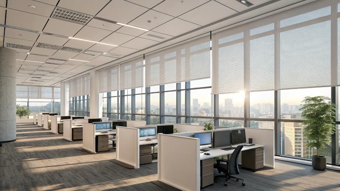 Open office space with light filtering roller shades and city view.