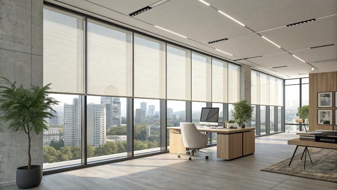 Modern office space featuring roller shades and a vibrant city view.