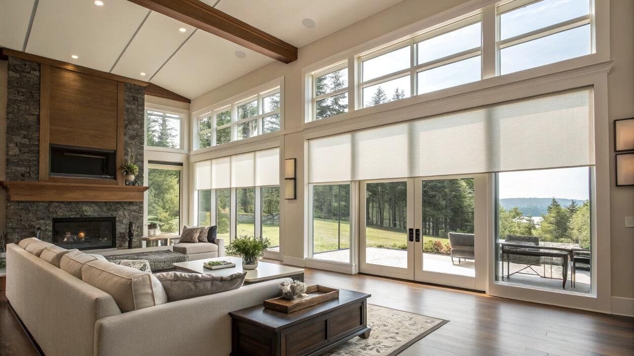 Living room with roller shades offering light control and a scenic view.