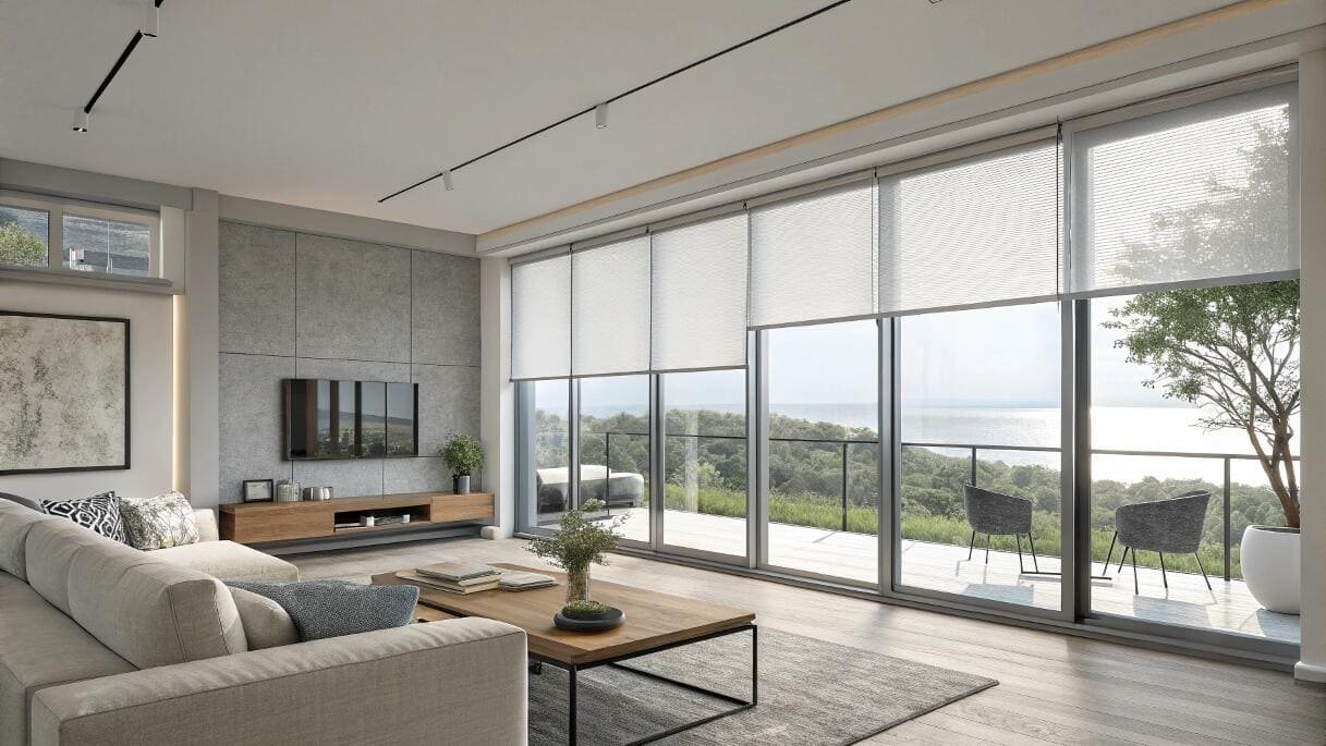 Living room with modern shades offering privacy and a beautiful sea view.