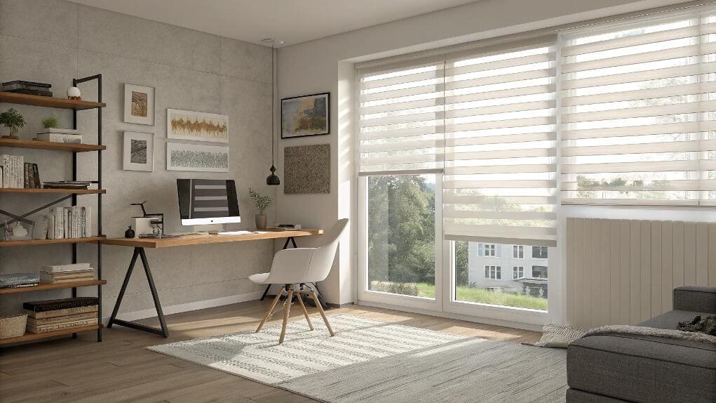 Modern home office with large window featuring elegant zebra blinds.