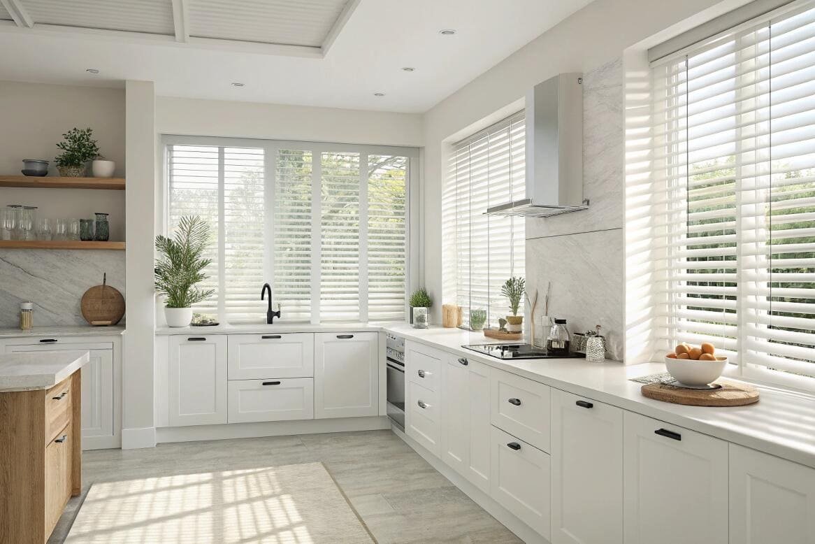 Bright kitchen featuring white venetian blinds, providing natural light.