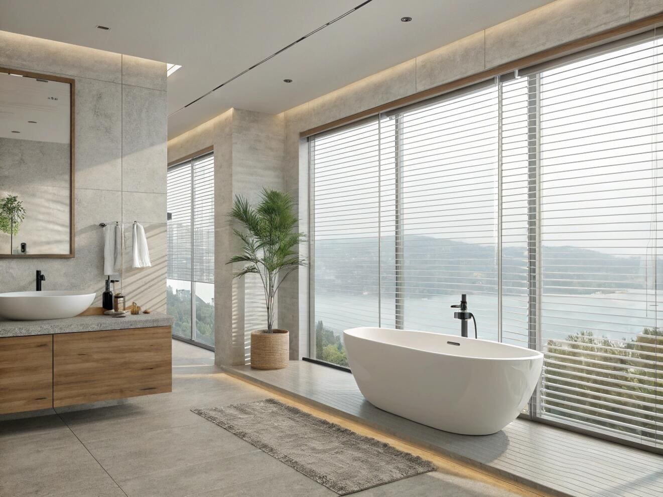 Modern bathroom featuring venetian blinds with a scenic view.