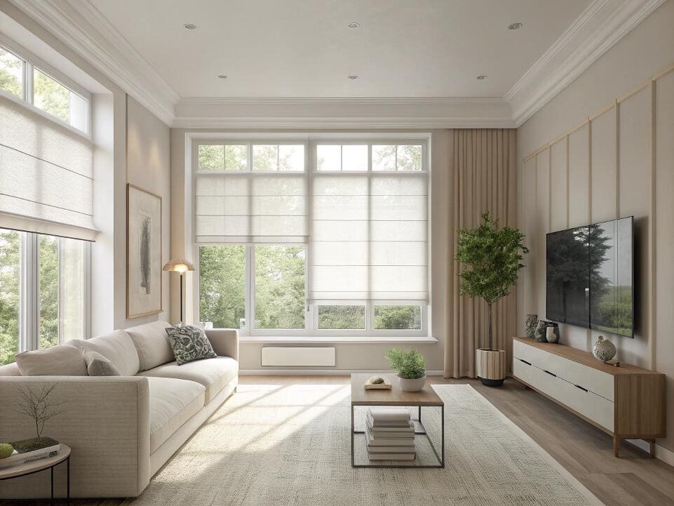 Bright living room with white Roman shades for soft, filtered light.